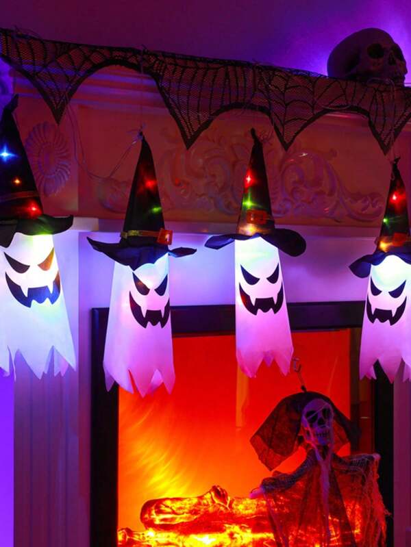 1 pieza Luces de Cadena LED de Halloween - Decoración Colgante Brillante, Cadena de 5 Piezas con Decoraciones Coloridas de Carámbano, Fantasma Espeluznante, Calabaza y Sombrero de Bruja, Adecuado para Uso Interior/Exterior, Decoración de Halloween Alimentada por Batería para Habitación, Decoración de Jardín de Halloween como Regalo, Decoración Navideña Festiva