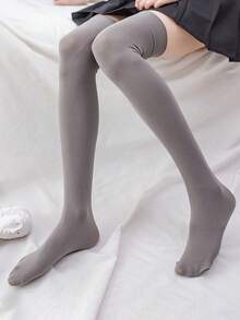 1 Pair Women's Solid Black/Coffee/White/Gray/Ivory Thigh High Socks With Silicone Non-Slip, Fashion Minimalist Versatile, Spring/Autumn