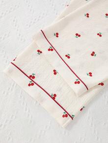 3件套皱红樱桃印花短袖开衫、短裤和长裤睡衣套装 - 杏色 - 查看 6