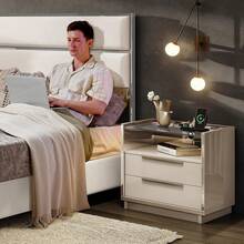 High Gloss End Table With Glass Top, Modern Nightstand With Charging Station, 2-Drawer Bedside Table For Bedroom - Trắng và xám - Xem 8