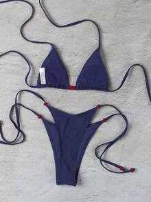 Polovedo 官方新款春夏优雅性感休闲藏蓝色纯色系带比基尼泳衣，适合海滩度假派对约会。 - 藍色 - 查看 3