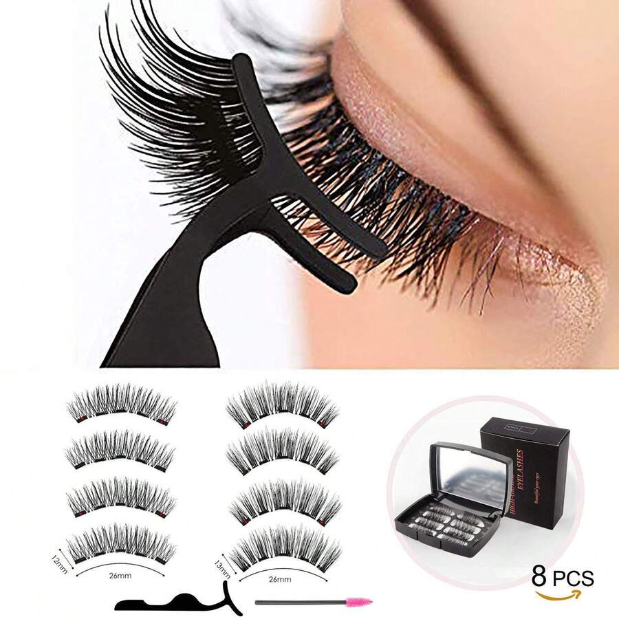 8-Piece Quantum Magnetic Eyelash Set, With 2 Styles Of Applicators + Tweezers + Brush, 3D Magnetic False Eyelashes, Natural Set For Beginners, Perfect For Daily Makeup, Parties, And Holiday Gifts - màu đen - Xem 1