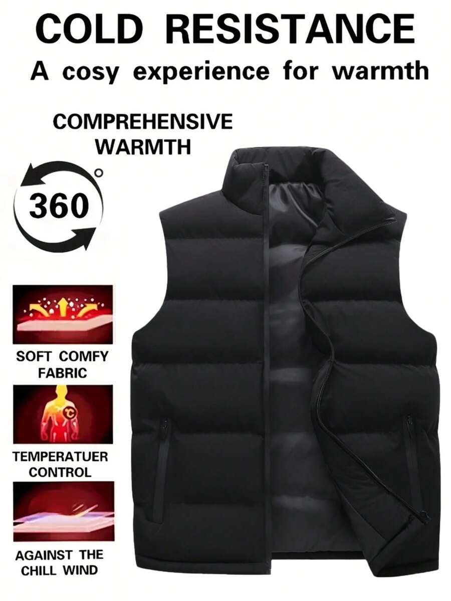 Colete Sem Mangas Fofinho Masculino - Quente e Confortável, Adequado para Corrida e Esportes ao Ar Livre, com Múltiplos Bolsos, Design de Gola Preta, Peça de Sobreposição Casual | Colete com Zíper | Colete de Poliéster