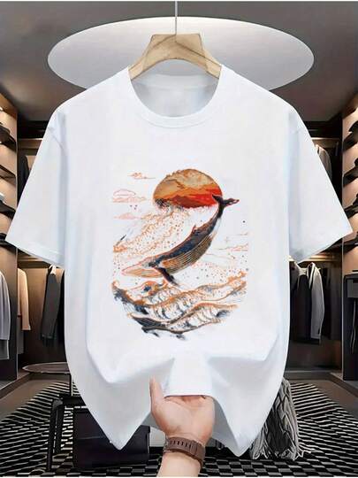 Camiseta de algodón unisex con estampado de ballena - Camiseta de cuello redondo suave y cómoda para hombres y mujeres, verde, casual, de manga corta con diseño artístico de ballena, perfecta para atuendos casuales, ropa cómoda |   Camiseta gráfica |   Textura suave
