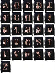 Drawstring Backpack Sports Backpack Women Drawstring Shoe Bags For Travel Storage Bags Rose Gold Initials Name Letter Pattern Gym Bags Lightweight Drawstring Bag Travel Bags Cloth Bags Dust Storage Pouch For Outdoor Duffle Sports Bag Schoolbag Bundle Tote Bag For Student Sports Back Pack Latter Print - Black - View 2
