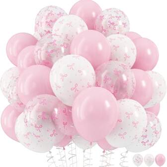 45pcs 12-Inch Light Pink & Transparent White Bow Print Balloons, Suitable For Girls Birthday Party, Bachelorette Party, Bow Theme Birthday, Baby Shower, Bridal Shower, Wedding, Anniversary Decoration