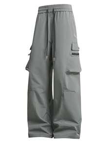 男士宽松工装裤，拉链口袋和侧抽绳腰部，男士秋季户外服装，男士多口袋抽绳腰部直筒休闲裤，返校 - 橄欖綠 - 查看 2