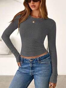 Women Spring And Fall Long Sleeve Shirts Ribbed Crewneck Fitted Basic Tee Going Out Tops Casual Workout Vacation Outfits - 炭灰色 - 查看 5