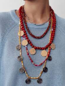 1 件复古多层串珠几何合金吊坠项链，休闲简约奢华百搭女士项链配饰 - 幾何吊墜項鍊 - 查看 1