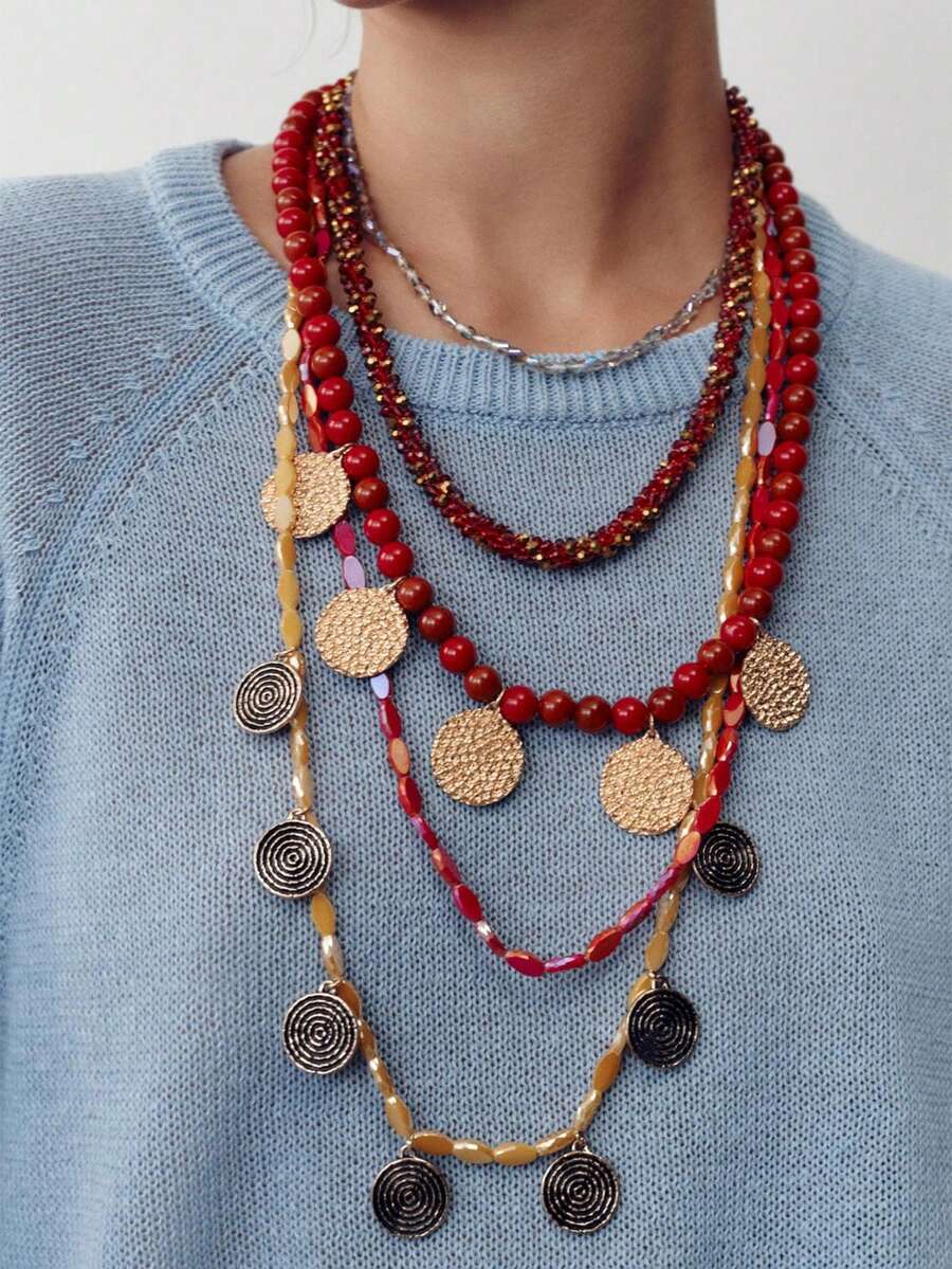 1 件复古多层串珠几何合金吊坠项链，休闲简约奢华百搭女士项链配饰 - 幾何吊墜項鍊 - 查看 1