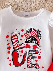 2pcs Baby Girl Fashion "Love" Letter Heart & Graphic Print Cap Sleeve Tee And Casual Elastic Waist Pants With Bow Decor Set - Red - View 4