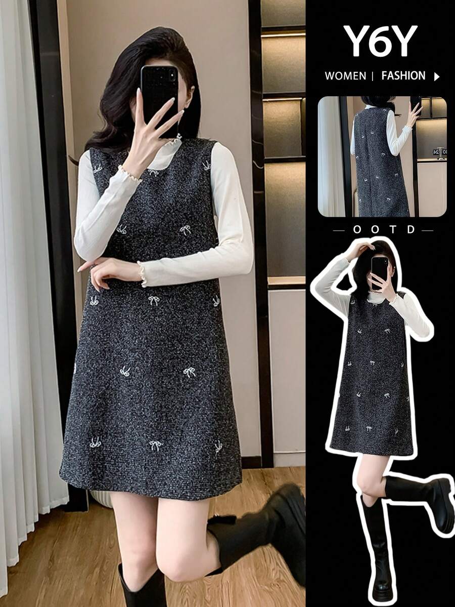 全新秋季黑色刺绣蝴蝶结优雅无袖中长连衣裙