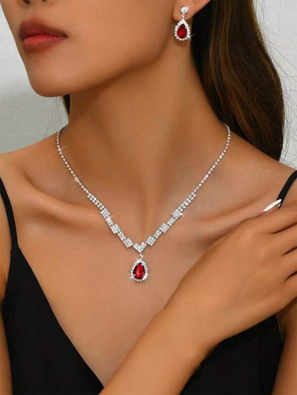 3pcs Full Rhinestone Jewelry Set: Necklace, Earrings, Suitable For Wedding Dress, Bridal Accessories