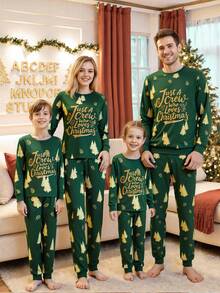 Family Matching Christmas Pajamas Set Tree And Letter Print Holiday Pajamas Sleepwear Dad Mom Kids PJs - 綠色 - 查看 1