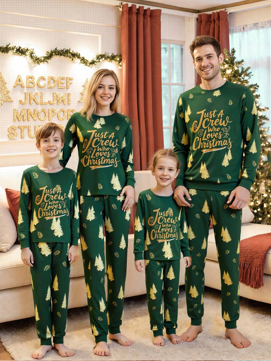 Family Matching Christmas Pajamas Set Tree And Letter Print Holiday Pajamas Sleepwear Dad Mom Kids PJs - 綠色 - 查看 1