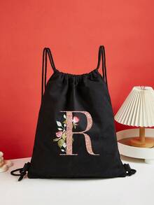 Drawstring Backpack Sports Backpack Women Drawstring Shoe Bags For Travel Storage Bags Rose Gold Initials Name Letter Pattern Gym Bags Lightweight Drawstring Bag Travel Bags Cloth Bags Dust Storage Pouch For Outdoor Duffle Sports Bag Schoolbag Bundle Tote Bag For Student Sports Back Pack Latter Print - Black - View 20