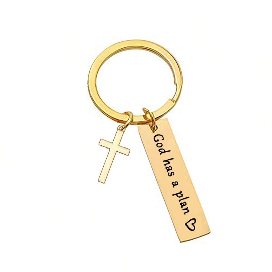 1pc "Let God Lead" Cross Keychain, Christian Keychain, Religious Keychain - Golden New - View 1