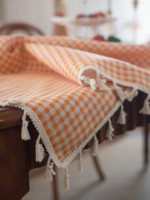 MeijiaMo 1pc Orange & White Plaid Printed Rectangular Tablecloth, Rustic & Fresh Farmhouse Style For Dining Table, Kitchen, Hotel, Bedroom, Living Room, Party & Holiday Decor, Handmade Tassel Trim - Orange - View 3