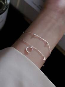 1 件甜美森系双层星星和月亮手链，设计精致 - 復古銀色 - 查看 4