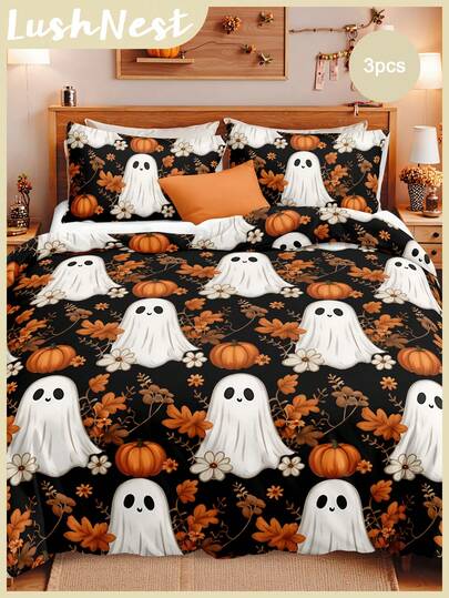Juego de funda nórdica con 3 piezas de impresión digital con fondo negro, hojas de otoño, calabaza y fantasma (1 funda nórdica + 2 fundas de almohada, sin relleno), de fibra de poliéster suave y amigable con la piel, adecuado para dormitorio, para todas las estaciones