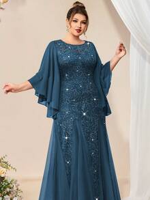 优雅蝴蝶袖雪纺花卉亮片蕾丝撞色网纱鱼尾下摆晚礼服，高贵典雅的正式舞会礼服，婚礼宾客礼服，适合情人节、生日、毕业典礼、宴会、节日及其他场合的春季派对。 - 霧霾藍 - 查看 8