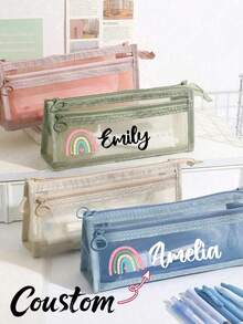 Personalized Customized Name Clear Large Capacity Pencil Case, Fashion Simple Pencil Bag, High Capacity Nylon Mesh Breathable Pen Bag, Exam/Student Stationery Bag, Mesh Pencil Pouch, Simple Student Supplies Box, Back To School, Learning Supplies - Multicolor - View 2