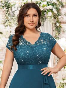 Plus V Neck Sequin Lace Bodice Ruffle Split Thigh Chiffon Evening Party Long Dress, Elegant Wedding Guest Dress, For Birthday, Graduation, Homecoming - Dusty Blue - View 7