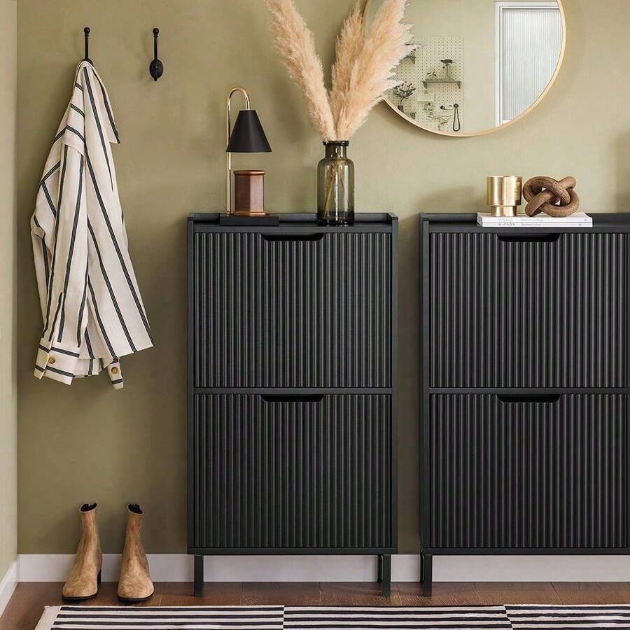 SoBuy Shoe Rack With 2 Flaps, Slim Shoe Cabinet, Shoe Rack With 2 Shelves, Shoe Chest Of Drawers, Shoe Storage, White, W X H X D Approx. 50 X 90 X 19 Cm FSR177-W - 黑色 - 查看 1