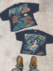 Cyberpunk Style 2024 World Tour Pattern Personality And Attitude Cotton T-Shirt, Made Of 100% Cotton And Combed With Fine Needles, Is Relaxed And Comfortable, Suitable For Both Men And Women, And Suitable For Street Hipsters. - 藏蓝色 - 查看 1