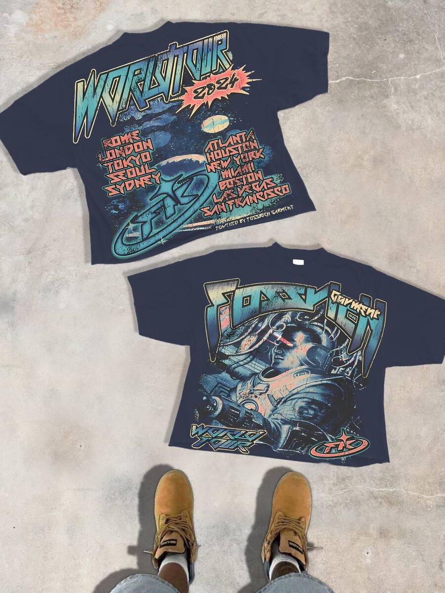 Cyberpunk Style 2024 World Tour Pattern Personality And Attitude Cotton T-Shirt, Made Of 100% Cotton And Combed With Fine Needles, Is Relaxed And Comfortable, Suitable For Both Men And Women, And Suitable For Street Hipsters. - 藏蓝色 - 查看 1