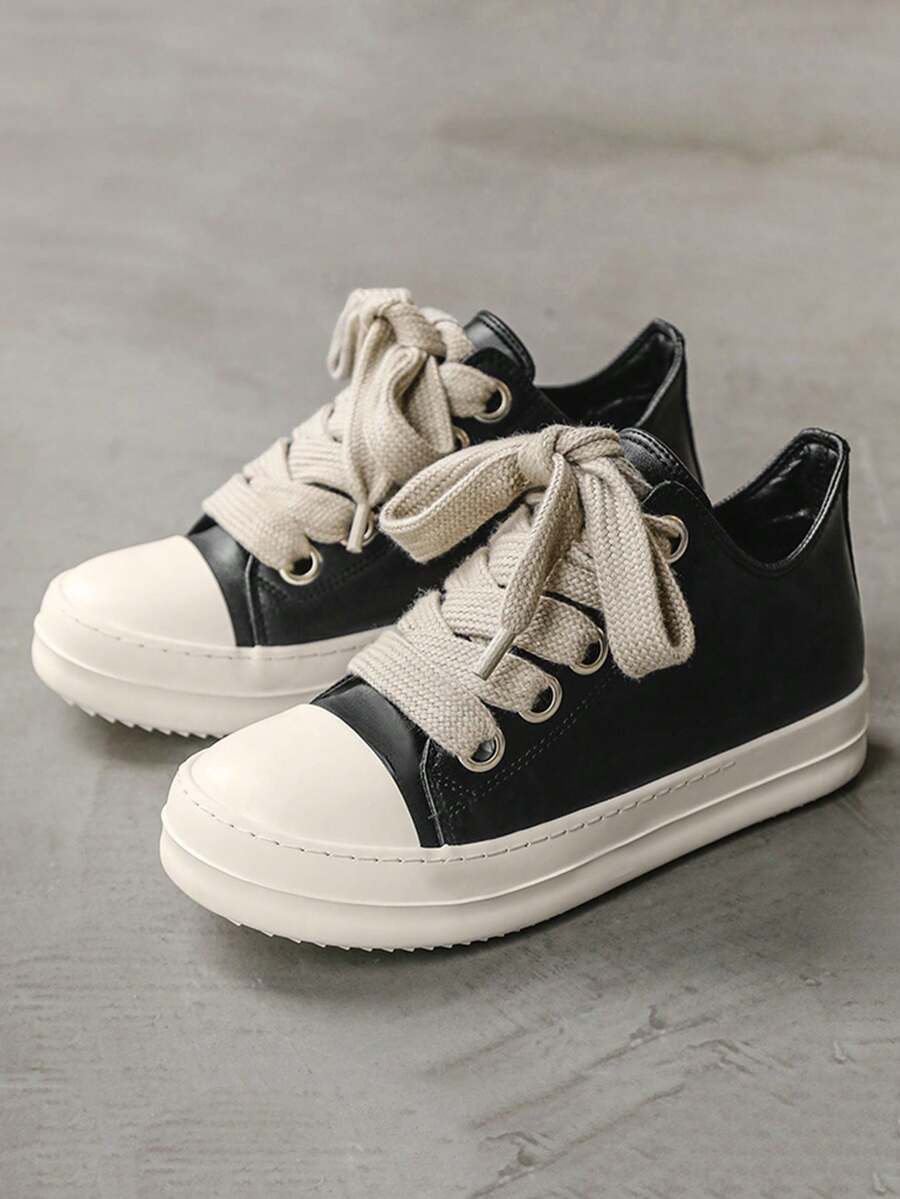 Couple's 1 Pair Dark High Street Low-Top Sneakers, Faux Leather Lace-Up Platform Shoes With Black & White Cap Toe, Extra Thick Beige Laces For Daily Casual & Matching Wear - Black - View 1