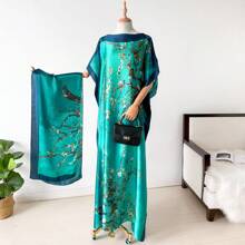 1pc Faux Silk Printed Robe, Shawl & Small Scarf Set, Women Coverup For Beach, Sun Protection, Daily Wear