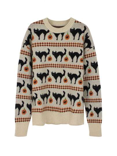 Pull tricoté pour femmes avec motif de chat et de citrouille, manches longues blocs de couleurs, décontracté et confortable, convient pour le printemps/automne