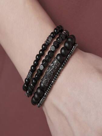4 pièces/set Bracelet en agate noire, pierre volcanique et perles de bois pour hommes, bijoux de couple vintage multicouches en perles élastiques avec zirconium cuivre, convient pour le port quotidien et les occasions spéciales