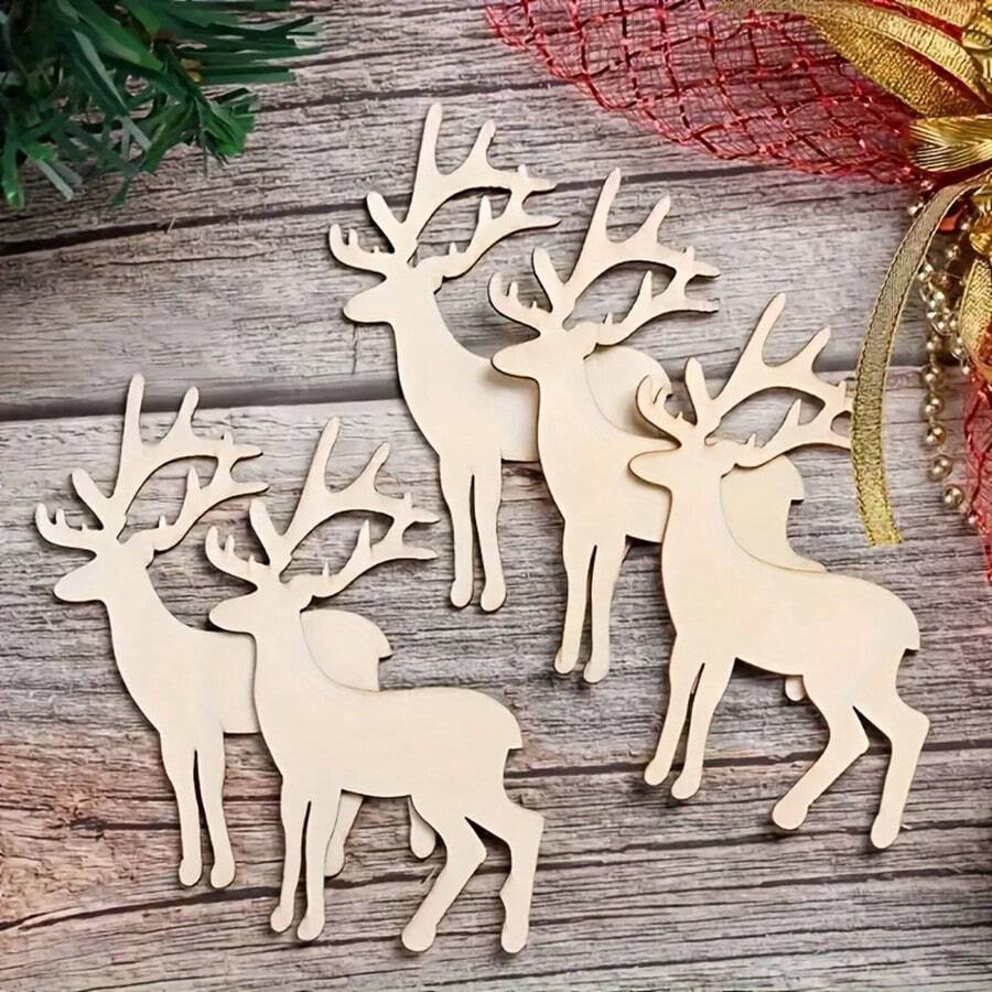 10pcs Unfinished Wooden Deer Shaped Crafts - Unpainted Wooden Deer Shapes, Suitable For Painting, Christmas Tree Decoration And Holiday Decoration