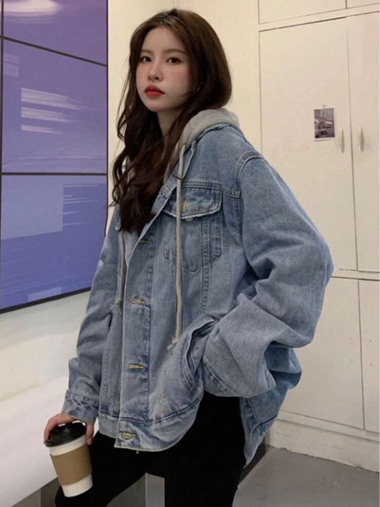 ZenVera 春と秋の女性向けのフード付きデニムジャケット、軽い色合い、ファッション的、快適、ゆったりしたカジュアルジャケットトップ - ブルー - 見る 2