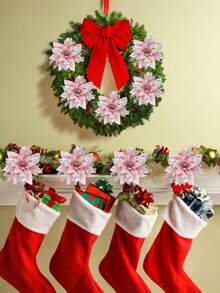 24/12pcs (12 Poinsettias + 12p Clips)-Glitter Pink Christmas Flowers, Poinsettia Christmas Flowers Decoration-Artificial Poinsettias Christmas Glitter Flowers With Clips,Artificial Pink Silver Poinsettia Christmas Tree Ornaments Glittery For Xmas New Year Wedding Party Wreath DIY Garland Decor (Pink)