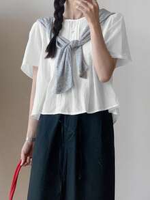 Áo kiểu nữ phối ren nhún bèo, phong cách Mori Girl lãng mạn, ngọt ngào và trẻ trung, thích hợp cho mùa xuân và mùa hè. Màu trắng. - trắng - Xem 3