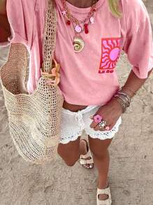 Camiseta de mujer de manga corta, cuello redondo, minimalista y casual con gráfico de sol, ideal para vacaciones de verano en la playa