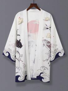 时尚 3/4 袖好运锦鲤印花汉服长袍，宽松休闲和服，男女通用情侣款，适合旅行/街头装，轻便开衫外套薄夹克，适合春夏季节 - 白色 - 查看 3