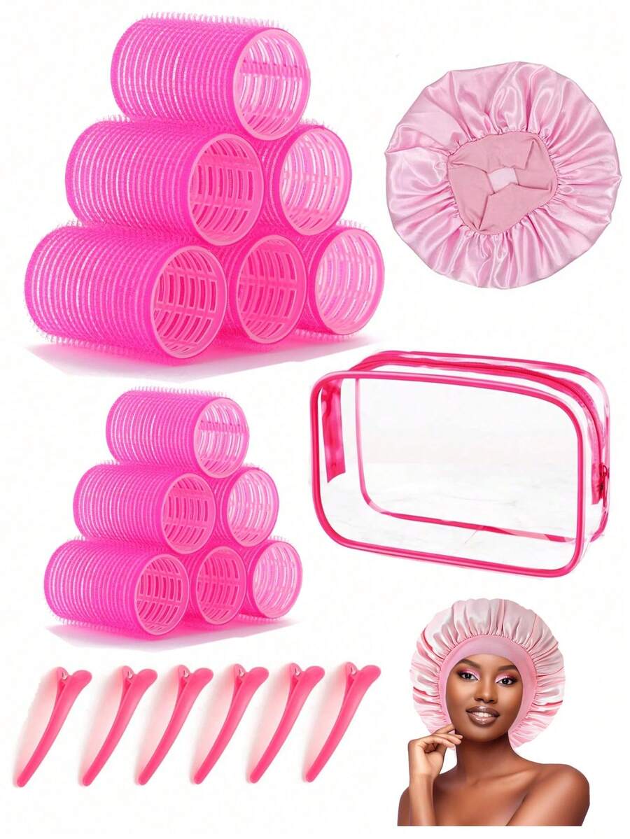 Bộ 20 con lăn tóc cỡ lớn kèm kẹp, máy uốn tóc tự kẹp phù hợp với tóc dài/trung bình/ngắn và tóc mái, dụng cụ uốn tóc tự làm (bao gồm 12 ống lăn lớn + 6 kẹp) + 1 túi đựng mỹ phẩm + 1 mũ trùm đầu khi ngủ - Màu Hồng Tươi - Xem 1
