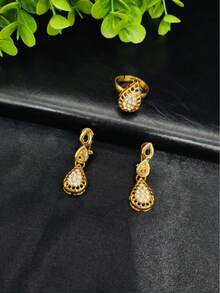 1 Set 5pcs Women's Fashion Jewelry Set: 1 Necklace, 1 Pair Earrings, 1 Bracelet, 1 Ring, Rhinestone Teardrop Design, Gold Color, Suitable For Wedding, Party, Date, Daily Wear - Yellow Gold - View 4