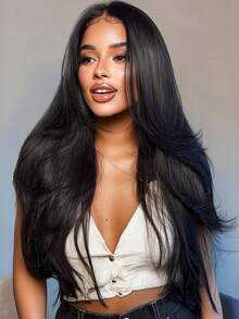 UNice Hair Black Layered Sleek Smooth Straight 13x4 100% Human Hair Lace Frontal Wig With Drawstring Pre Bleached Pre Cut Pre Bleached Invisible Lace Hair With Sophisticated Layer Cuts Zero Lace Edge Natural Look Pre Styled Hairline Unice Wig
