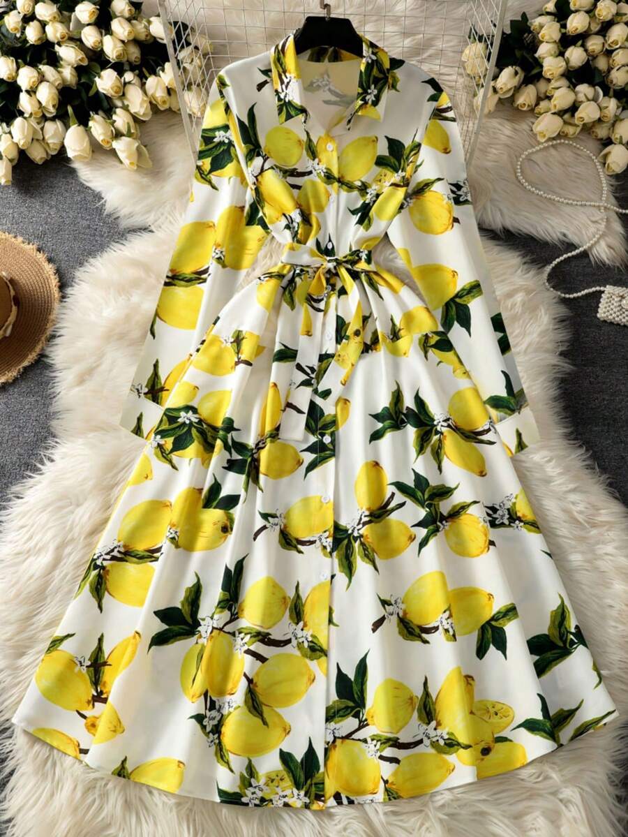 Women's European And American Fresh Lemon Print Long Sleeve Dress, Shirt Style + Waist Tie Slimming, Suitable For Casual Daily/Vacation/Shopping/Garden Party/Outdoor Gathering/Afternoon Tea