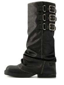 Knee High Boots For Women Y2K Fold Over Boots Round Toe Platform Chunky Heel Slouchy Boots For Women Punk Metallic Buckle Wide Calf Fold Over Boots - 黑色 - 查看 7