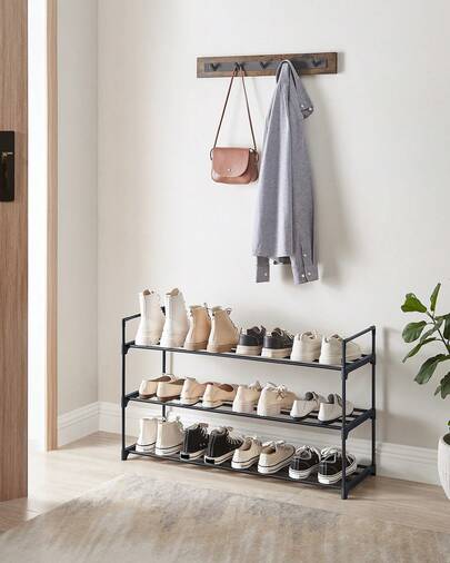 SONGMICS Schuhregal 3 Ebenen, Schuhständer Metall, Schuhaufbewahrung, Schuh-Organizer für 12-15 Paar Schuhe, stapelbar, für Flur Wohnzimmer Schlafzimmer, 30 x 92 x 54 cm, schwarz