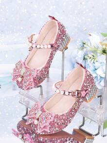 Zapatos de princesa para niñas, bailarinas de moda versátiles para niños, zapatos de pasarela de color plateado para actuaciones, zapatos de tacón alto con decoración de lazo para niñas pequeñas, zapatos brillantes con cristales - Rosa - Ver 2