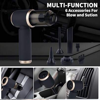 Easypie Selection 大功率手持式车载吸尘器，家用/车载两用，哑光黑金配色，香槟金装饰环设计，可水洗滤网，USB-C快充，吸力强劲，轻松清洁汽车座椅、宠物毛发和键盘，是露营和旅行的必备良品。车载配件套装包含充电线。