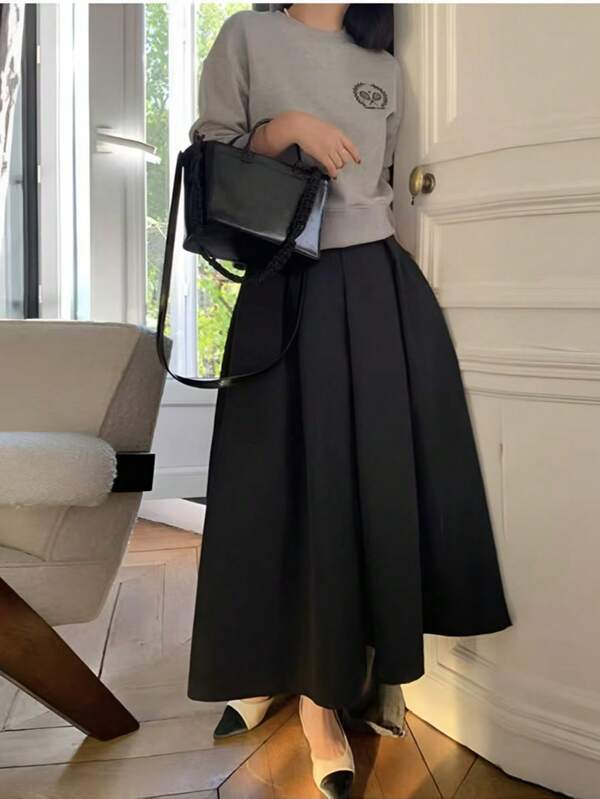 Black Pleated Loose Casual Maxi Dress Spring