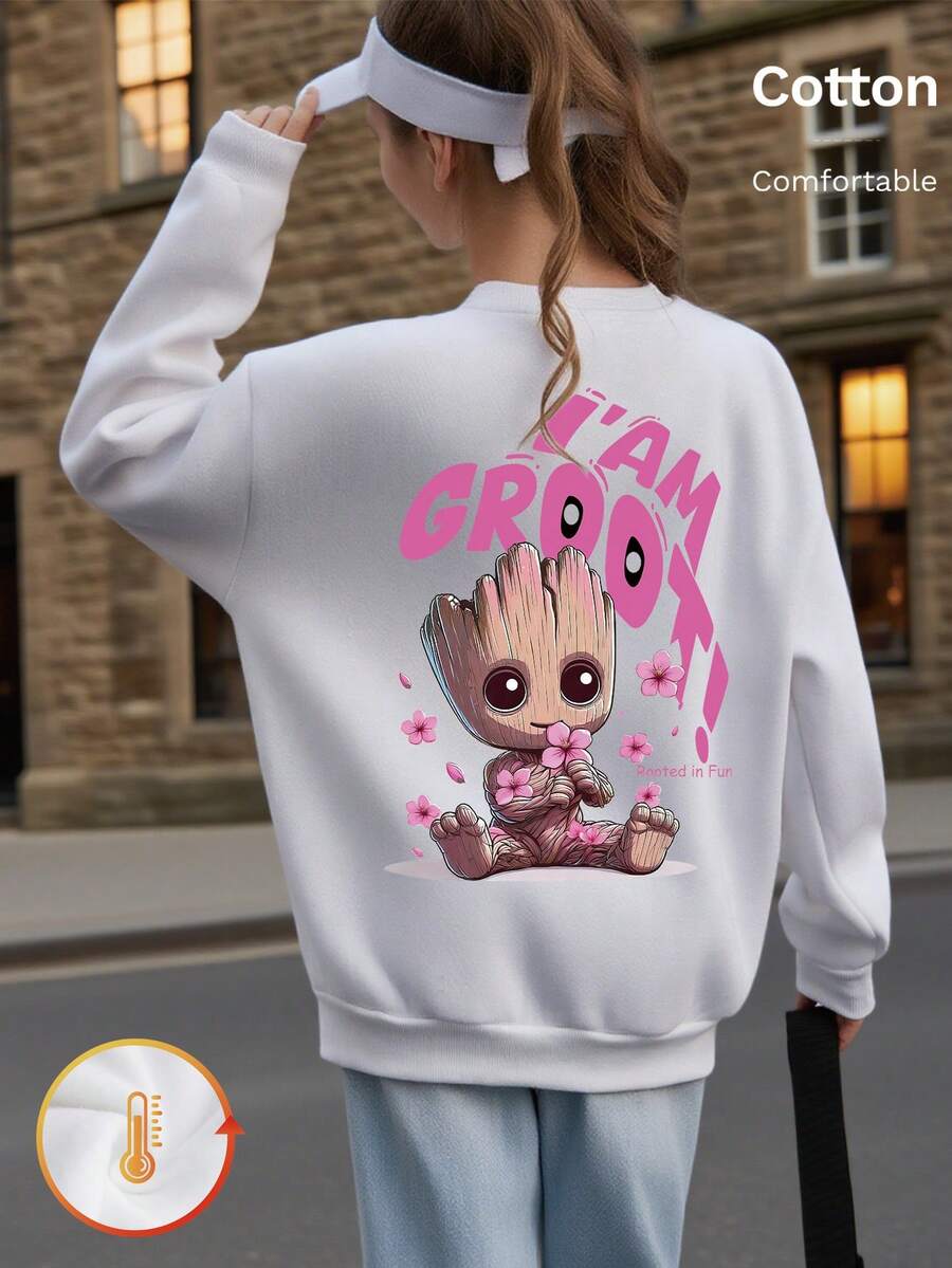 Marvel Weißes Mädchen-Sweatshirt aus Baumwolle mit überschnittenen Schultern und süßem Gru-Aufdruck, warmes und dickes Rundhals-Sweatshirt für Herbst und Winter, lockeres und lässiges Oberteil.